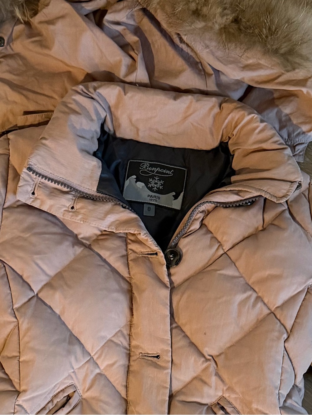 Bonpoint Blush Pink Quilted Puffer Coat with Faux Fur Trim